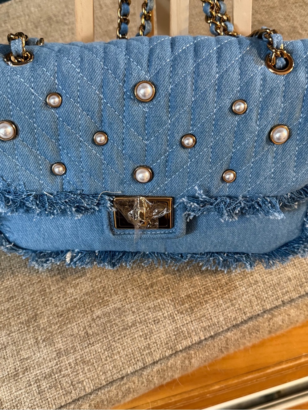 Karl Lagerfeld Blue Denim Pearl-Embellished Chain Shoulder Bag Retail $328